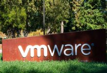 A photograph of a sign with the VMware logo.