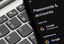 Portland, OR, USA - Apr 20, 2023: Passwords and Accounts Settings page is seen on a Google Pixel 4a smartphone. Autofill passwords are stored in the Google account.