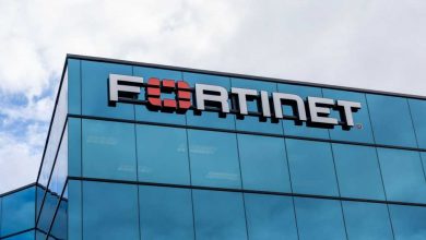 A photograph of a building with Fortinet's logo on one side.